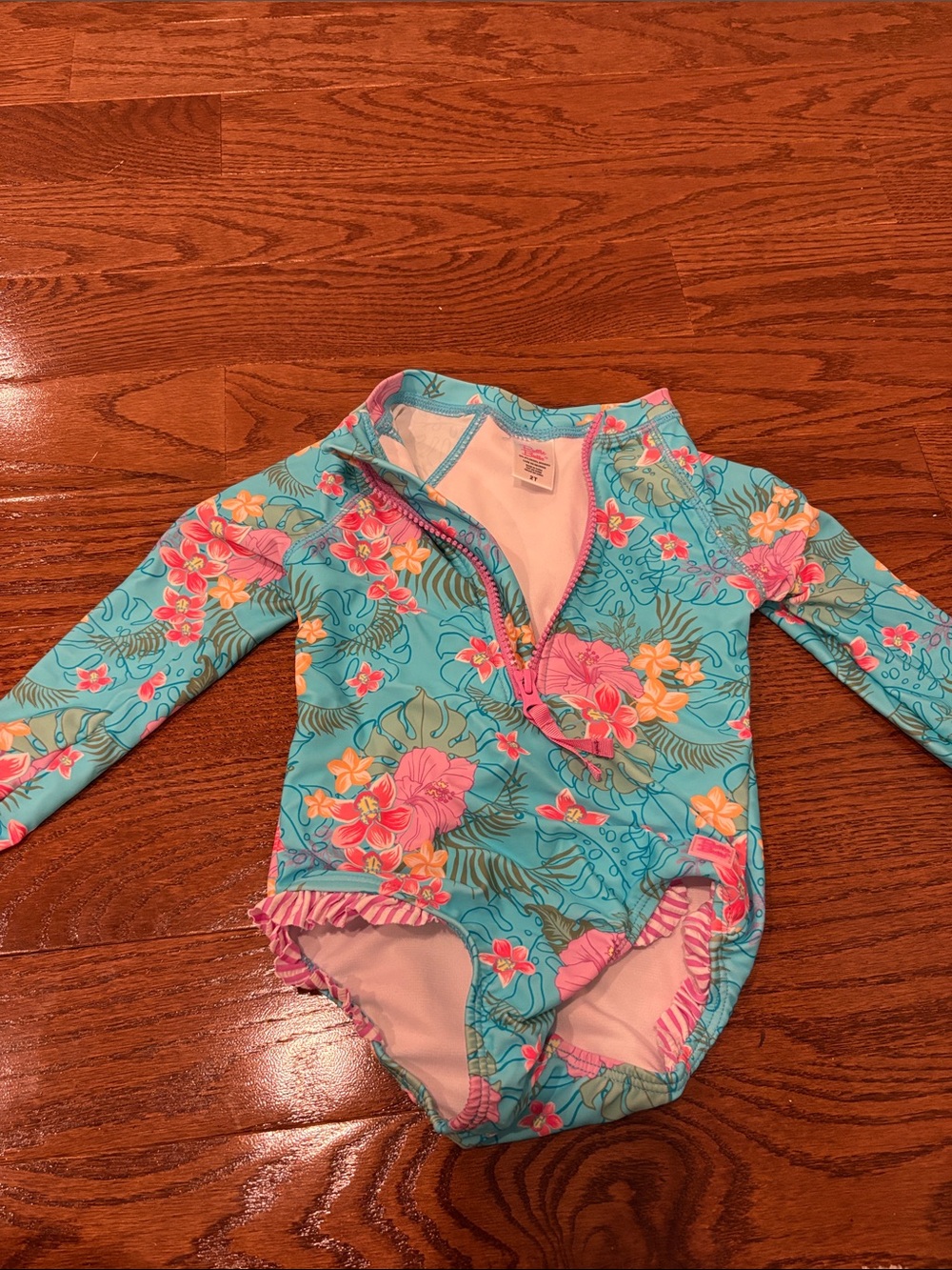 Girls Floral Long Sleeve One-Piece Swimsuit - Turquoise & Pink - rufflebutts